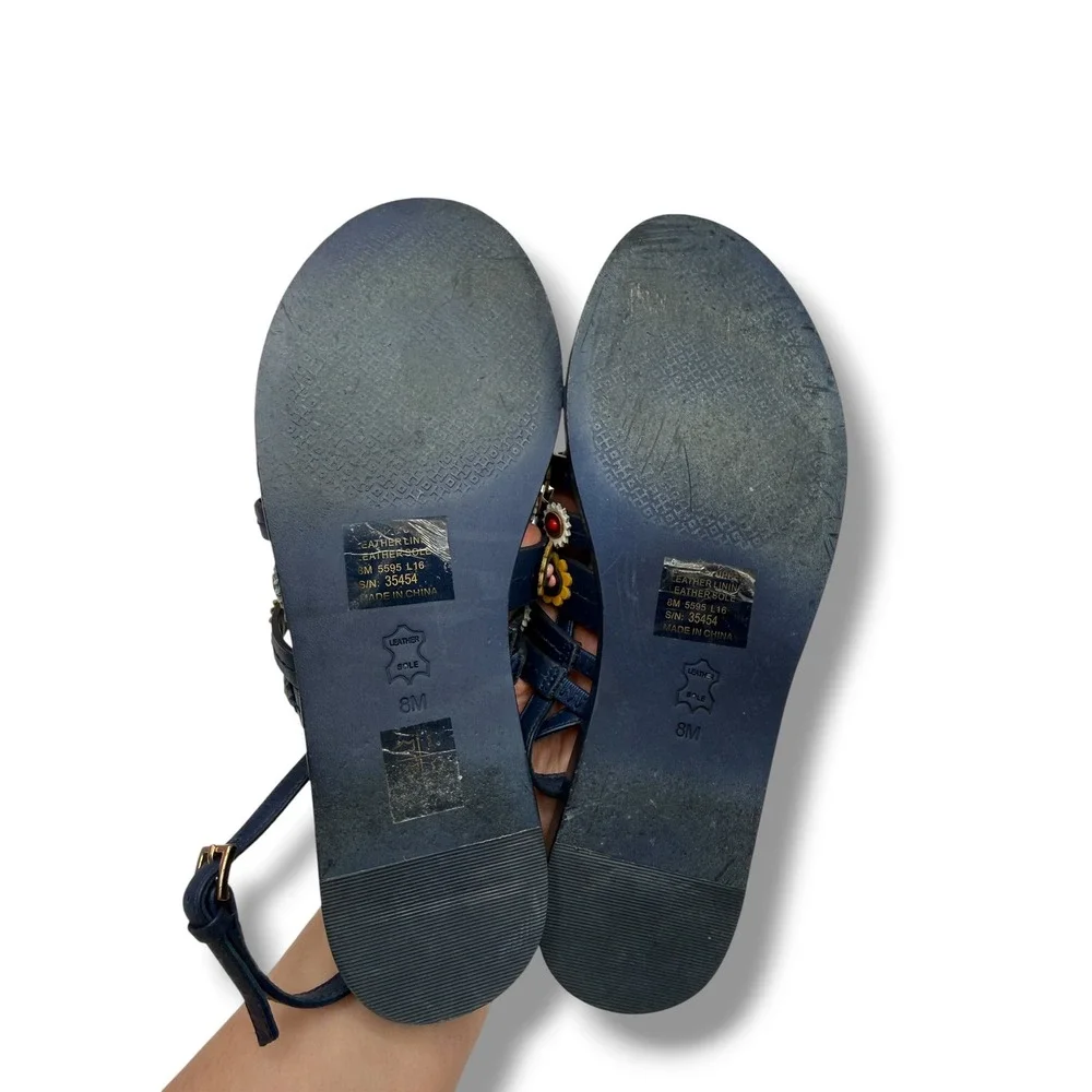 Tory Burch Marguerite Sandals 8 Navy Leather Floral Summer Casual‎ Boho